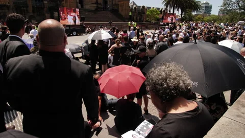 A mourner reads Cardinal George Pell funeral program outside St Mary's Stock Footage 232563857