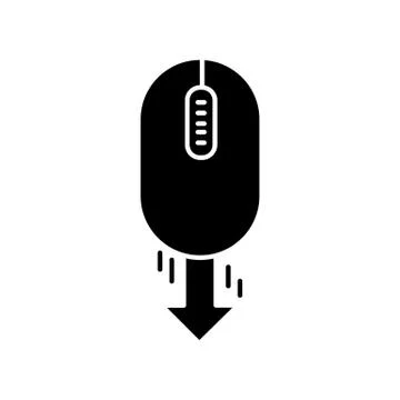 Mouse and down arrow black glyph icon. Web page scrolling down. Cursor pointi Illustrazione stock