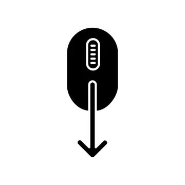 Mouse and down arrow black glyph icon. Web page scrolling down indicator. Cur Illustrazione stock