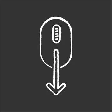 Mouse and down arrow chalk white icon on black background. Web page scrolling Stock Illustration
