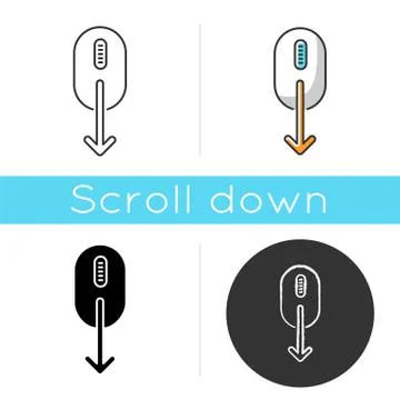 Mouse and down arrow icon. Web page scrolling down indicator. Cursor directio Illustrazione stock