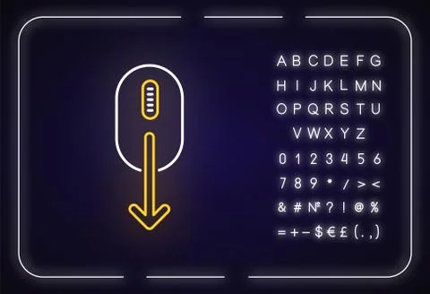 Mouse and down arrow neon light icon. Web page scrolling down indicator. App  Stock Illustration