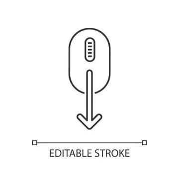 Mouse and down arrow pixel perfect linear icon. Web page scrolling down indic 스톡 일러스트
