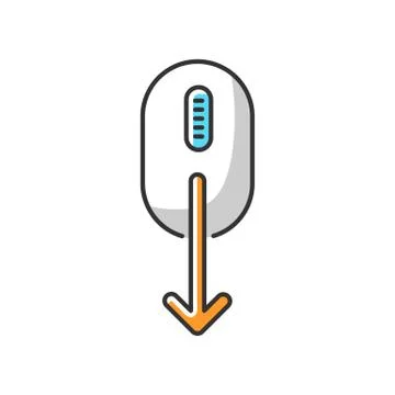 Mouse and down arrow white RGB color icon. Web page scrolling down indicator. Illustrazione stock