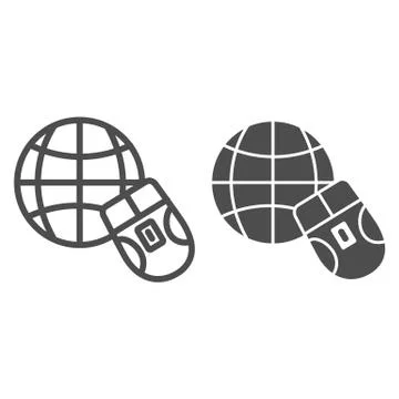 Mouse and Earth globe line and glyph icon. Work from home in internet network Illustrazione stock