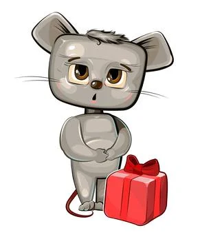 Mouse and gift in box. Red packaging with ribbon and bow. Stock Illustration