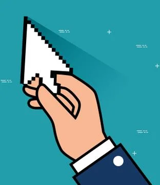 Mouse arrow pixel cursor in the hand Illustrazione stock
