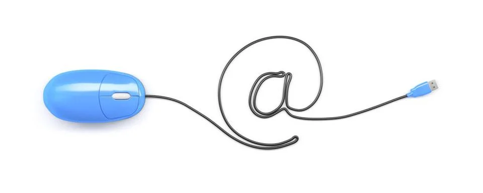 Mouse with cable at sign A blue computer mouse at sign formed by the cable... Stock Photos