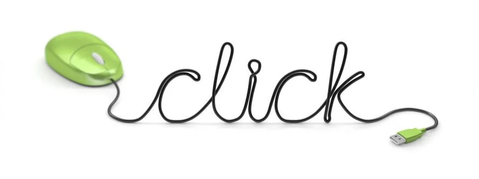 Mouse with cable text click A green computer mouse and the word click form... Stock Photos