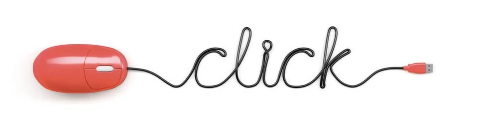 Mouse with cable text click A red computer mouse and the word click formed... Stock Photos