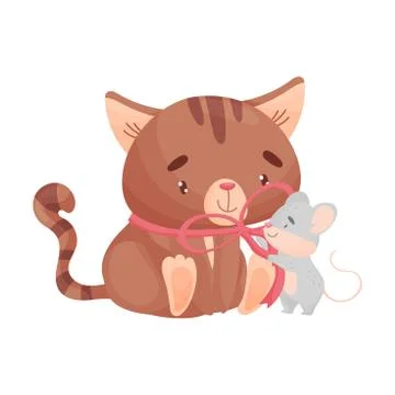 Mouse cartoon next to the cat. Vector illustration on white background. Stock Illustration