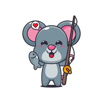 Mouse cartoon vector illustration catching fish with fishing rod Stock Illustration