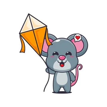 Mouse cartoon vector illustration playing kite Stock Illustration