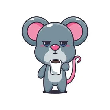 Mouse cartoon vector illustration is tired and sleepy holding coffee Stock Illustration