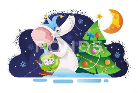 Mouse with cats's toy sits near the Christmas tree. Vector illustration Stock Illustration