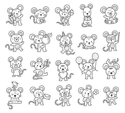 Mouse character set in charming outline line art Stock Illustration