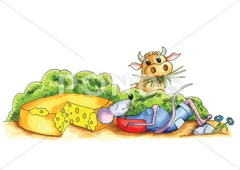 Mouse - cheese and cow Stock Illustration
