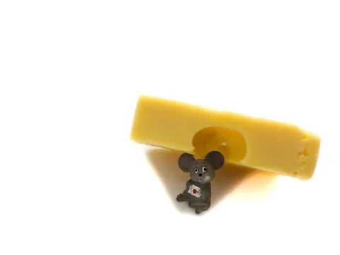 Mouse with cheese isolated on a white background. Stock Photos