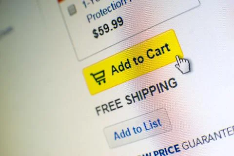 Mouse clicking "add to cart" button in an e-commerce website Foto stock