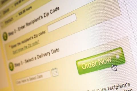 Mouse clicking "order now" button on website Stock Photos