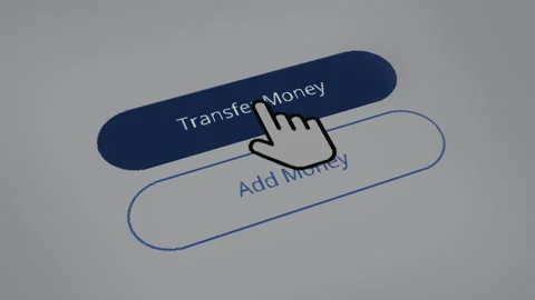 Mouse clicks transfer money button of device screen. User sending money online Stock Footage 235734606