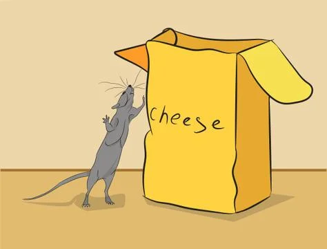 The mouse is climbing into a box of cheese Illustrazione stock