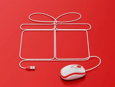 Mouse connected to cord forming giftbox shape. 3D illustration Stock Illustration