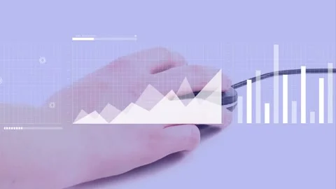 On mouse contact right hand clicking, sliding wired mouse across purple desk, Stock Footage 334039386