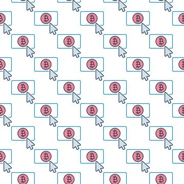 Mouse cursor on Bitcoin button vector Crypto Currency colored seamless patter Stock Illustration