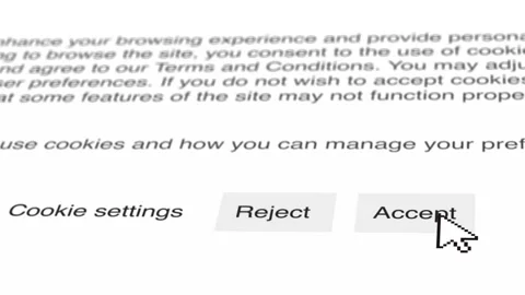 Mouse Cursor clicking accept button for cookie settings on website Stock Footage 247030816