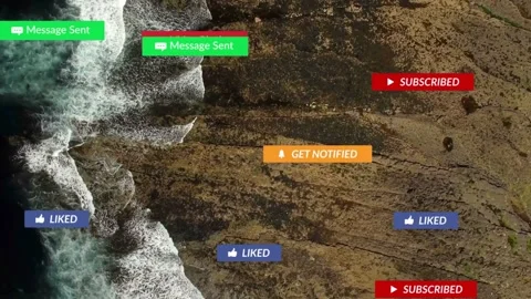 Mouse cursor clicking, badges popping and drifting over coastline, urging subs Stock Footage 334242340