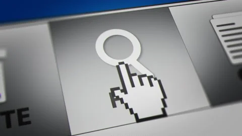 Mouse Cursor Clicking Find Button on Monitor Screen Stock Footage 143521389