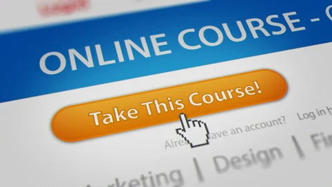 Mouse Cursor Clicking "Take This Course!" Button on Online Course Website Stock Footage 133526282