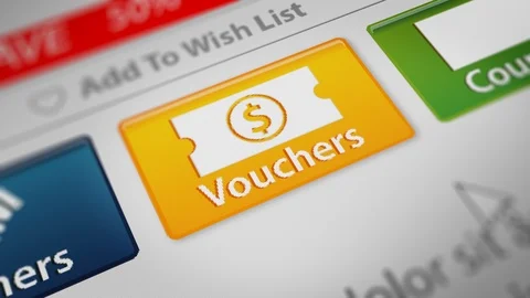 Mouse Cursor Clicking " Vouchers" Button. Online Shopping Concept Stock Footage 123875959