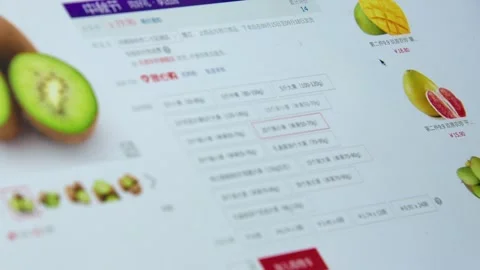 Mouse Cursor Clicks Red Add to Cart Button on Digital Fruit Menu Vídeo Stock 336527682