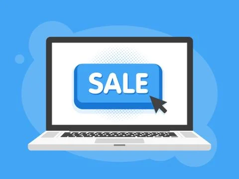 Mouse cursor clicks the sale button. Laptop notebook computer screen. Vector  Stock Illustration