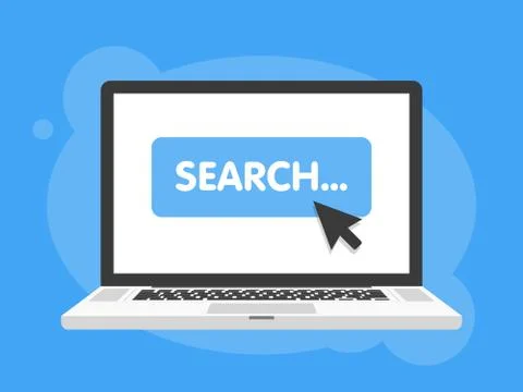 Mouse cursor clicks search button. Laptop notebook computer screen. Vector il Stock Illustration