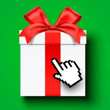 Mouse cursor hand clicking on a wrapped white gift box. Online shopping concept Stock Illustration