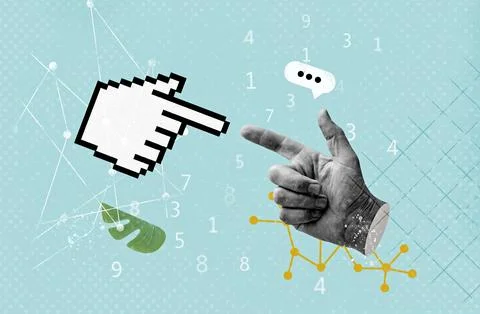 Mouse cursor hand finger pixel and human hand Stock Photos