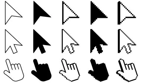 Mouse Cursor Icons Set, Arrow Pointer and Hand Click Cursor Collection, Com.. Ilustración de archivo