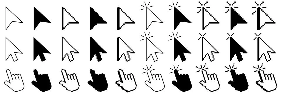 Mouse Cursor Icons Set, Arrow Pointer and Hand Click Cursor Collection, Compu Ilustración de archivo