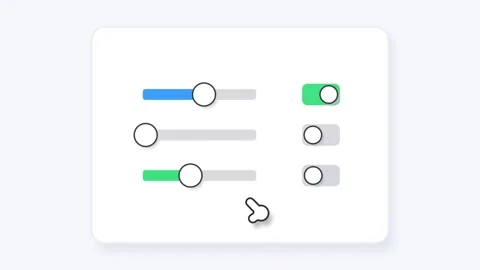 Mouse cursor interacting with toggle switches and sliders on a digital interface Stock Footage 338410375