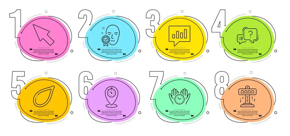 Mouse cursor, Safe time and Analytical chat icons set. Question mark, Pumpkin Illustrazione stock