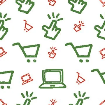Mouse Cursor Shopping Cart Laptop Pixel Dither Seamless Pattern. Vector sea.. Stock Illustration