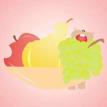 Mouse eats fruit, apple, pear, grapes on the plate, the vector Stock Illustration