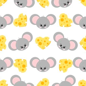 Mouse face and cheese shape of heart colorful seamless pattern on white backg Stock Illustration