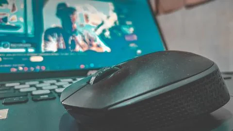 Mouse in front of laptop 库存照片