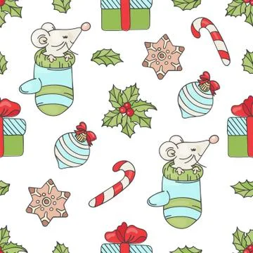 MOUSE GIFT Christmas Seamless Pattern Vector Illustration Stock Illustration