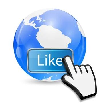 Mouse Hand Cursor on Like Button and Globe Illustration Ilustração Stock