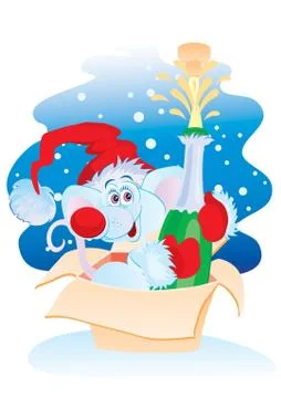 Mouse jumps out of the box with a bottle of champagne and in a red cap, vecto Stock Illustration